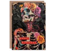 Artery8 Birthday Card Floral Gothic Memento Mori Skeleton Collage in Black Artery8 Black