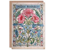 Artery8 Birthday Card Floral Medieval Manuscript Style Design Greeting Card in Blue Artery8 Blue