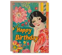 Artery8 Birthday Card Flower Cafe Date Pink Blue Yellow Portrait For Her Gran Sister Niece Daughter Wife Woman Greeting Card
