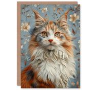 Artery8 Birthday Card Fluffy Maine Coon Cat Lover Retro Floral Pattern For Her Gran Sister Niece Daughter Wife Woman Greeting Card