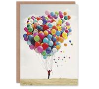 Artery8 Birthday Card Fun Man Flying Balloons Up Colourful Bright For Him Her Man Woman Girl Boy Wife Husband Greeting Card