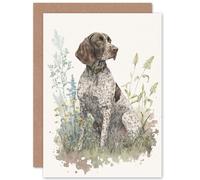 Artery8 German Pointer Dog Sitting in Field Modern Detailed Pastel Watercolour Illustration Art Birthday Sealed Greeting Card Plus Envelope Blank inside