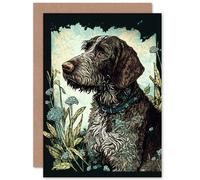 Artery8 German Wirehaired Pointer Dog and Blue Wildflowers Modern Portrait Illustration Art Birthday Sealed Greeting Card Plus Envelope Blank inside