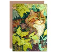Artery8 Ginger Cat Hiding in the Bush Tree Modern Colourful Illustration Art Birthday Sealed Greeting Card Plus Envelope Blank inside