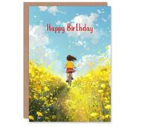 Artery8 Birthday Card Girl Bicycle Ride Yellow Flower Meadow For Child Kids Daughter Greeting Card