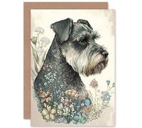 Artery8 Grey Schnauzer Dog and Spring Flowers Boho Portrait Watercolour Illustration Art Birthday Sealed Greeting Card Plus Envelope Blank inside