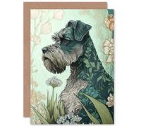 Artery8 Grey Schnauzer Dog with Floral Pattern Fur Coat in Flowers Modern Watercolour Illustration Art Birthday Sealed Greeting Card Plus Envelope Blank inside