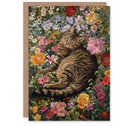 Artery8 Birthday Card Grey Tabby Laying in Flower Meadow Cat Lover For Her Gran Sister Niece Daughter Wife Woman Greeting Card