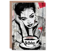 Artery8 Birthday Card Grunge Lady Coffee Collage Portrait Painting For Her Gran Sister Niece Daughter Wife Woman Greeting Card