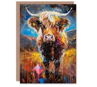 Artery8 Birthday Card Hairy Highland Cow Colourful Scotland Oil Painting Blank Arty Art All Occasion Greeting Card