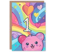 Artery8 Birthday Card Hamster Bear Rainbow Kawaii Cartoon Cute 1st First One Year Old For Child Kids Son Daughter Greeting Card Artery8 Multicolor