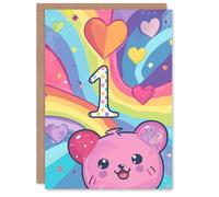 Artery8 Birthday Card Hamster Bear Rainbow Kawaii Cartoon Cute 1st First One Year Old For Child Kids Son Daughter Greeting Card