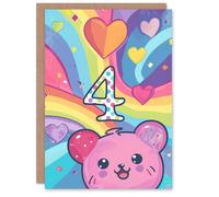 Artery8 Birthday Card Hamster Bear Rainbow Kawaii Cartoon Cute 4th 4 Year Old For Child Kids Son Daughter Greeting Card
