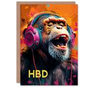 Artery8 Birthday Card Happy Chimp Funky Music Headphones HBD For Him Man Male Dad Brother Son Papa Grandad Greeting Card