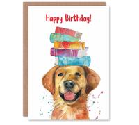 Artery8 Birthday Card Happy Labrador Dog Pet with Book Stack on Head For Son Daughter Girl Boy Kids Happy Card