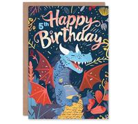 Artery8 Birthday Card Happy Laughing Dragon Design Fun Joy 5th 5 Year Old For Child Kids Son Daughter Greeting Card