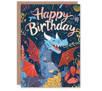 Artery8 Birthday Card Happy Laughing Dragon Design Fun Joy 7th 7 Year Old For Child Kids Son Daughter Greeting Card in Blue Artery8 Blue