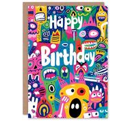 Artery8 Birthday Card Happy Monsters Party Cartoon Cute For Child Kids Son Daughter Greeting Card