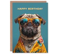 Artery8 Birthday Card Hawaiian Shirt Pug Dog Lover Fun Portrait For Him Man Male Dad Brother Son Papa Grandad Greeting Card