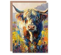 Artery8 Birthday Card Highland Cow Scottish Oil Painting For Him Man Male Dad Brother Son Papa Grandad Greeting Card