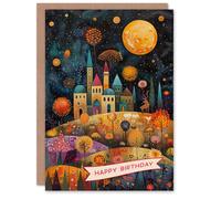 Artery8 Birthday Card Hilltop City Full Moon Stars Colourful Folk Art in Dark Blue Artery8 Dark Blue