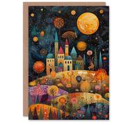 Artery8 Birthday Card Hilltop City Stars Full Moon Colourful Folk Art in Dark Blue Artery8 Dark Blue