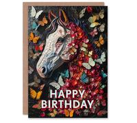 Artery8 Birthday Card Horse Butterflies Mosaic Nature Floral Portrait For Child Kids Greeting Card