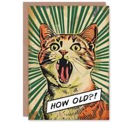 Artery8 Birthday Card How Old Shocked Cat Lover Comic Book Style Greeting Card in Green Artery8 Green