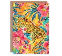 Artery8 Birthday Card Jaguar Cat in Exotic Pink Orchid Flowers Painting Bright For Her Gran Sister Niece Daughter Wife Woman Greeting Card