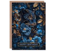 Artery8 Birthday Card Jaguar Leopard Blue Gold Nature Floral Jungle For Her Gran Sister Niece Daughter Wife Woman Greeting Card