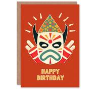 Artery8 Birthday Card Japanese Angry Mask Bold Orange Design For Him Man Male Dad Brother Son Papa Grandad Greeting Card