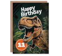 Artery8 Birthday Card Jurassic Dinosaur Roaring T-Rex Jungle 11th 11 Year Old For Child Kids Son Daughter Greeting Card