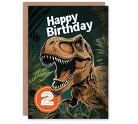 Artery8 Birthday Card Jurassic Dinosaur Roaring T-Rex Jungle 2nd 2 Year Old For Child Kids Son Daughter Greeting Card in Green Artery8 Green