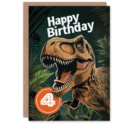 Artery8 Birthday Card Jurassic Dinosaur Roaring T-Rex Jungle 4th 4 Year Old For Child Kids Son Daughter Greeting Card