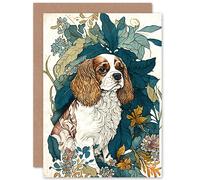 Artery8 King Charles Spaniel Dog in Leafy Plants Modern Illustration Art Birthday Sealed Greeting Card Plus Envelope Blank inside