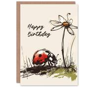 Artery8 Birthday Card Ladybird and Daisy Flower Nature Drawing For Her Gran Sister Niece Daughter Wife Woman Greeting Card