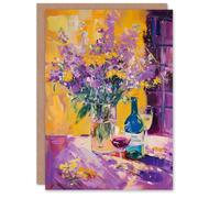 Artery8 Birthday Card Lavender Flower Bouquet Wine Bottle Still Life For Her Gran Sister Niece Daughter Wife Woman Greeting Card
