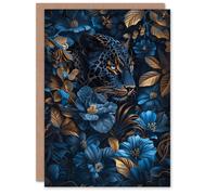 Artery8 Birthday Card Leopard Jaguar Blue Gold Nature Floral Jungle For Her Gran Sister Niece Daughter Wife Woman Greeting Card