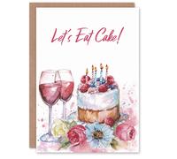 Artery8 Birthday Card Let's Eat Cake Fruit Wine Flowers Watercolour For Her Gran Sister Niece Daughter Wife Woman Greeting Card