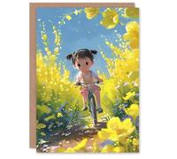 Artery8 Birthday Card Little Girl Bicycle Ride Yellow Flower Field For Son Daughter Girl Boy Kids Happy Card