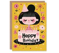 Artery8 Birthday Card Little Girl Party Hat Cake Candles Cartoon For Child Kids Son Daughter Greeting Card