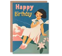 Artery8 Birthday Card Little Girl Pink Clouds Grass Retro Style For Child Kids Son Daughter Greeting Card in Blue Artery8 Blue
