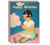 Artery8 Birthday Card Little Girl Pink Clouds Retro Style For Child Kids Son Daughter Greeting Card