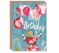 Artery8 Birthday Card Little Girl Tulip Balloons Painting Happy Bright Joy For Her Gran Sister Niece Daughter Wife Woman Greeting Card