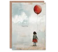 Artery8 Birthday Card Little Girl with Red Balloon Painting For Her Gran Sister Niece Daughter Wife Woman Greeting Card