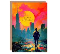 Artery8 Birthday Card Lone Walker Vivid Abstract City Sunset Cityscape Blank For Him Or Her Art Greeting Card