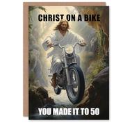 Artery8 Birthday Card Made it to 50 Christ on a Bike Motorcycle Funny For Him Man Male Dad Brother Son Papa Grandad Greeting Card