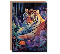 Artery8 Birthday Card Magical Fantasy Tiger Floral Mystic Stars Blank Arty Art All Occasion Greeting Card