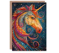 Artery8 Birthday Card Magical Unicorn Colourful Tribal Folk Art Pattern For Son Daughter Girl Boy Kids Happy Card