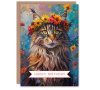 Artery8 Birthday Card Maine Coon Cat Lover Flower Crown For Her Gran Sister Niece Daughter Wife Woman Greeting Card